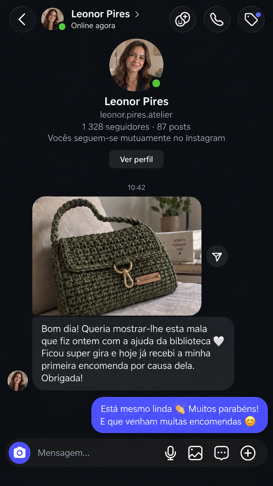 Mensagem de Leonor Pires sobre a mala criada com a biblioteca