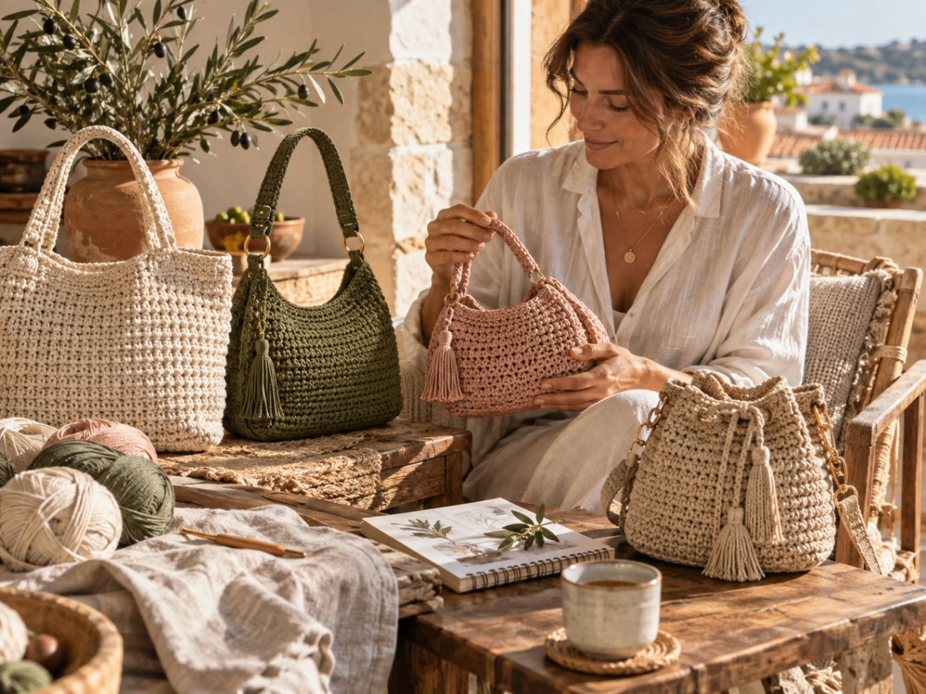 Artesã rodeada por malas em crochet feitas à sua maneira